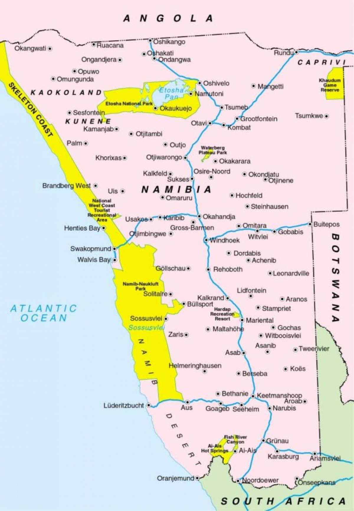 Kaart van Namibië wat dorpe