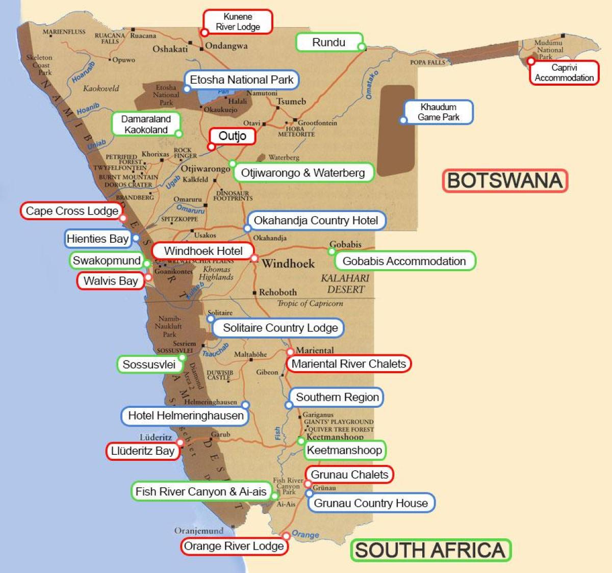 kampeer plekke Namibië kaart