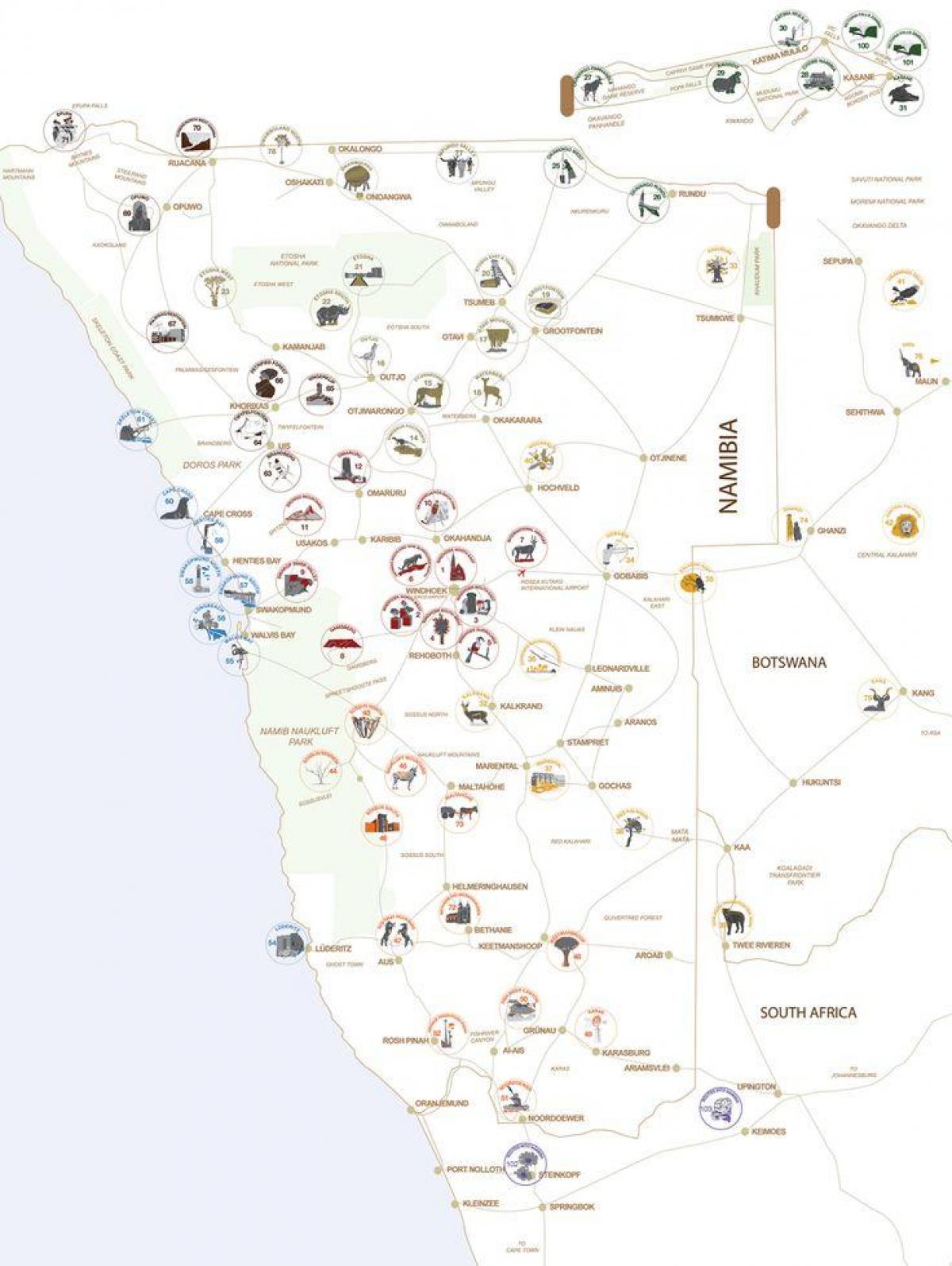 Kaart van Namibië toer beplanning