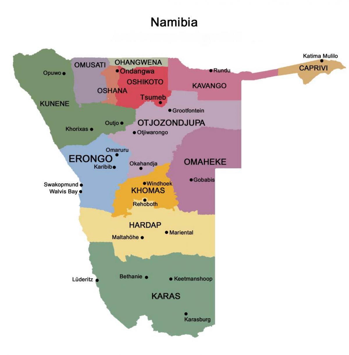 Kaart van Namibië met die streek